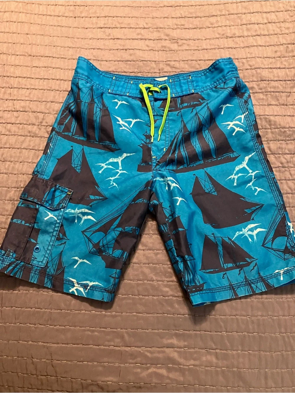 Gymboree Teal Swim Trunks with Navy Sailboat Print and Lime Drawstring